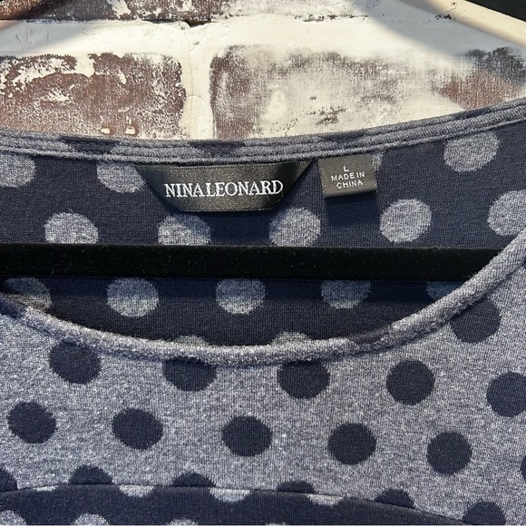 Nina Leonard Playful Classic Navy & Grey Polka Dot Mini Dress Size L - Picture 2 of 8